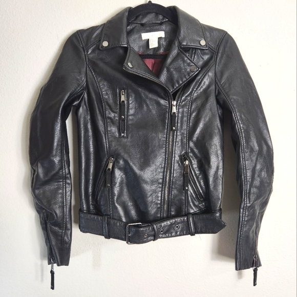 H&M Womens Black Faux/Vegan Leather Motorcycle Biker Jacket-Size 0 - Picture 1 of 10